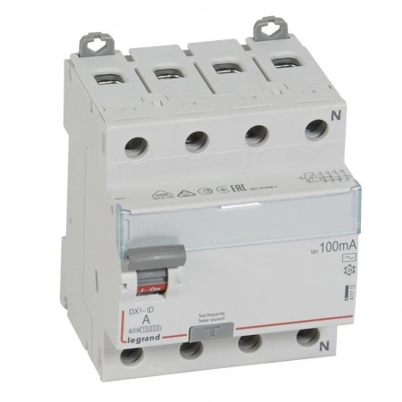 Выключатель дифференциального тока Legrand ВДТ DX3 4П 25А AC 100мА N справа (411712)