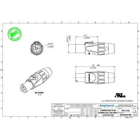 Изображение 2 (Кабельный разъем питания `мама` PowerCON 3pin Amphenol HP-3-FG)