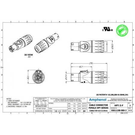 Изображение 2 (Кабельный разъем питания `мама` PowerCON 3pin Amphenol HPT-3-F)