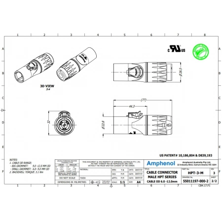 Изображение 2 (Кабельный разъем питания `папа` PowerCON 3pin Amphenol HPT-3-M)