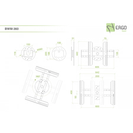 Изображение 2 (Настенное крепление для дисплея диагональю 37–70с вращением на 360°, макс. нагрузка 50 кг, черное ErgoFount BWM-360)