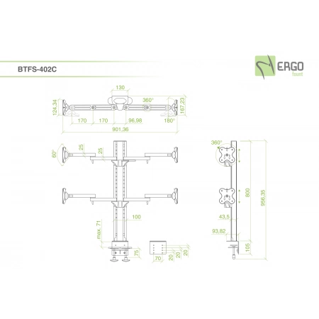 Изображение 2 (Настольное шарнирное крепление для 4 мониторов ErgoFount BTFS-402C)