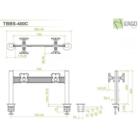 Изображение 3 (Настольное крепление спина-к-спине для 4 мониторов ErgoFount TBBS-400C)
