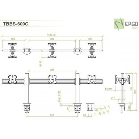 Изображение 3 (Настольное крепление спина-к-спине для 6 мониторов ErgoFount TBBS-600C)