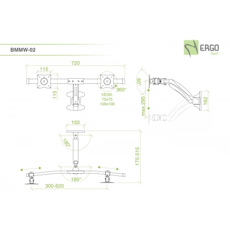 Изображение 2 (Настенное шарнирное крепление для 2 мониторов ErgoFount BMMW-02)