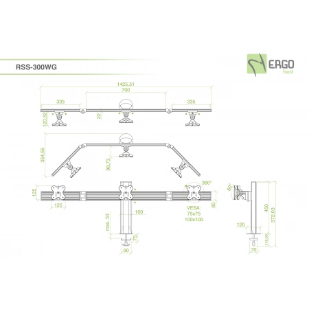 Изображение 2 (Настольное крепление для 3 мониторов ErgoFount RSS-300WG)