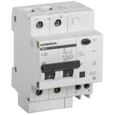 Автоматический выключатель дифференциального тока IEK АД12 2Р 25А 30мА GENERICA (MAD15-2-025-C-030)