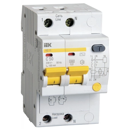 Автоматический выключатель дифференциального тока IEK АД12 2Р 50А 100мА (MAD10-2-050-C-100)