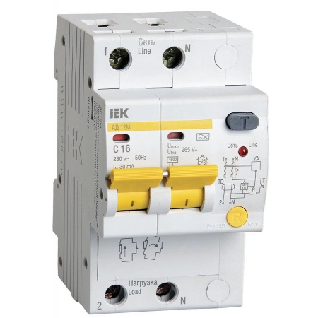 Автоматический выключатель дифференциального тока IEK АД12М 2Р С1630мА (MAD12-2-016-C-030)