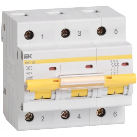 Автоматический выключатель IEK ВА 47-100 3Р 63А 10 кА С (MVA40-3-063-C)