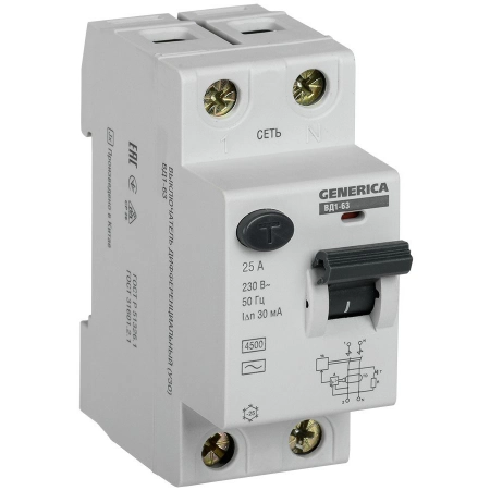 Выключатель дифференциального тока IEK ВД1-63 2Р 25А 30мА GENERICA (MDV15-2-025-030)