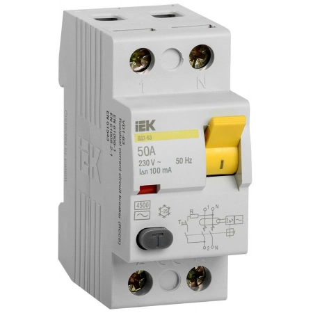 Выключатель дифференциального тока IEK ВД1-63 2Р 50А 100мА (MDV10-2-050-100)