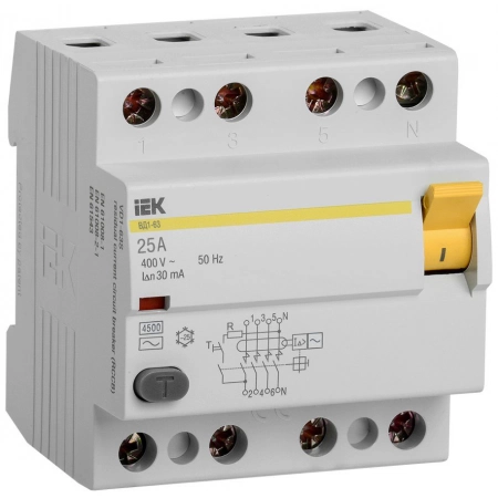 Выключатель дифференциального тока IEK ВД1-63 4Р 25А 30мА (MDV10-4-025-030)