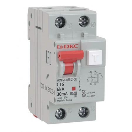 Модульный автоматический выключатель дифференциального тока ДКС АВДТ YON MDR63 C10 2P 10mA (MDR63-21C10-A)